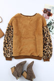 Leopard Sleeve Patchwork Fleece Pullover Sweatshirt