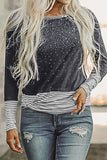 Rhinestone Beading Striped Patchwork Long Sleeve Top