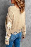 Khaki Daisy Pattern Knit Distressed Sweater