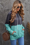 Light Green Dip-Dye Colorblock Drawstring Hoodie with Pockets