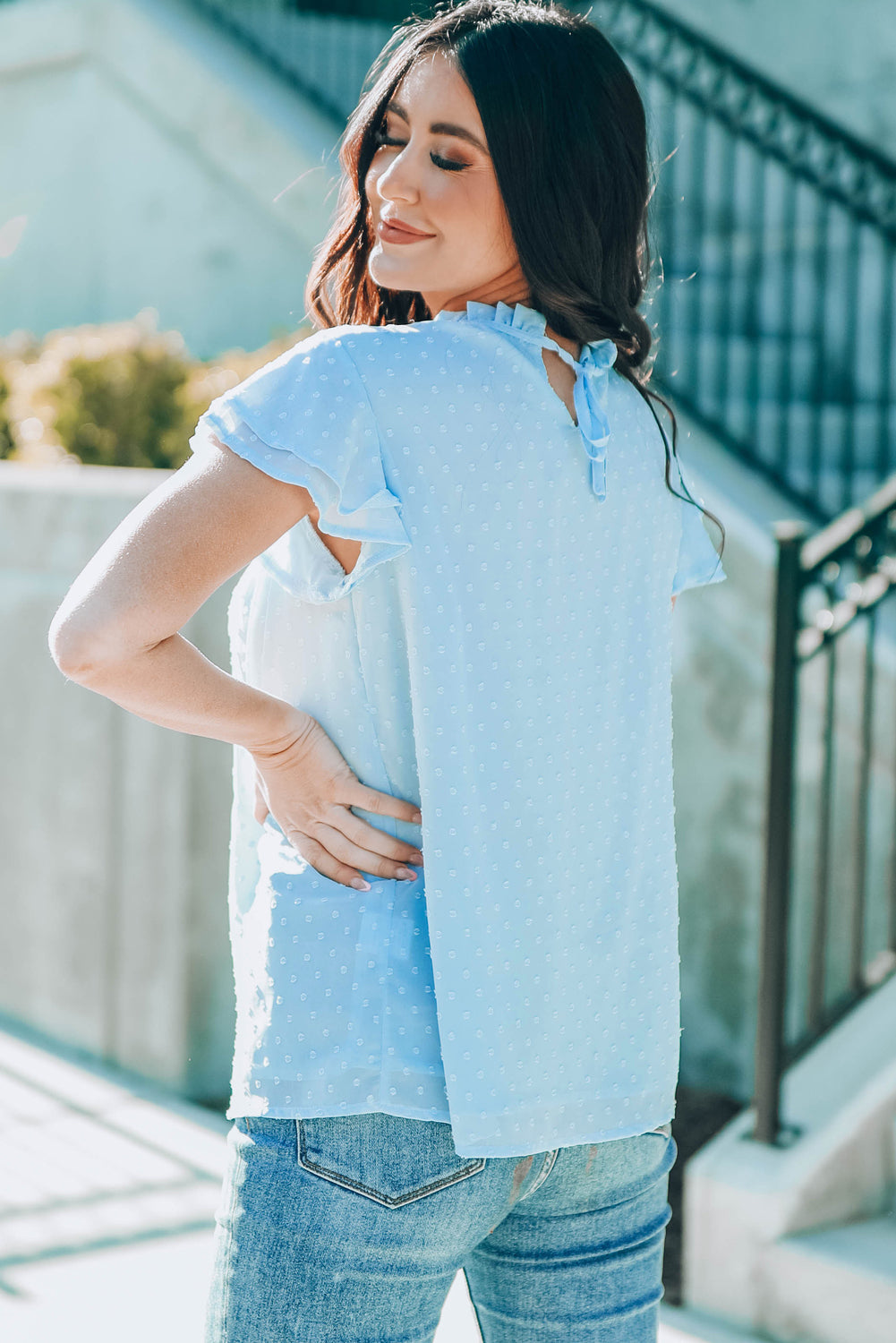 Blue Tiered Sleeve Frilled Neck Dotted Top