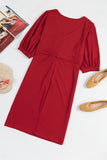 Plus Size Puff Sleeve Wrap V Neck Midi Dress