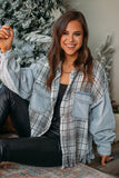Sky Blue Plaid Patchwork Fringed Flap Pockets Denim Jacket