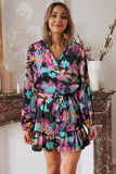 Abstract Print Ruffled Drawstring High Waist Mini Dress