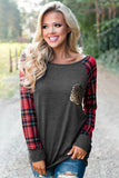 Plaid Splicing Sequined Pocket Long Sleeve Top