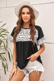 Wine Leopard Stitching Pleated Casual Top