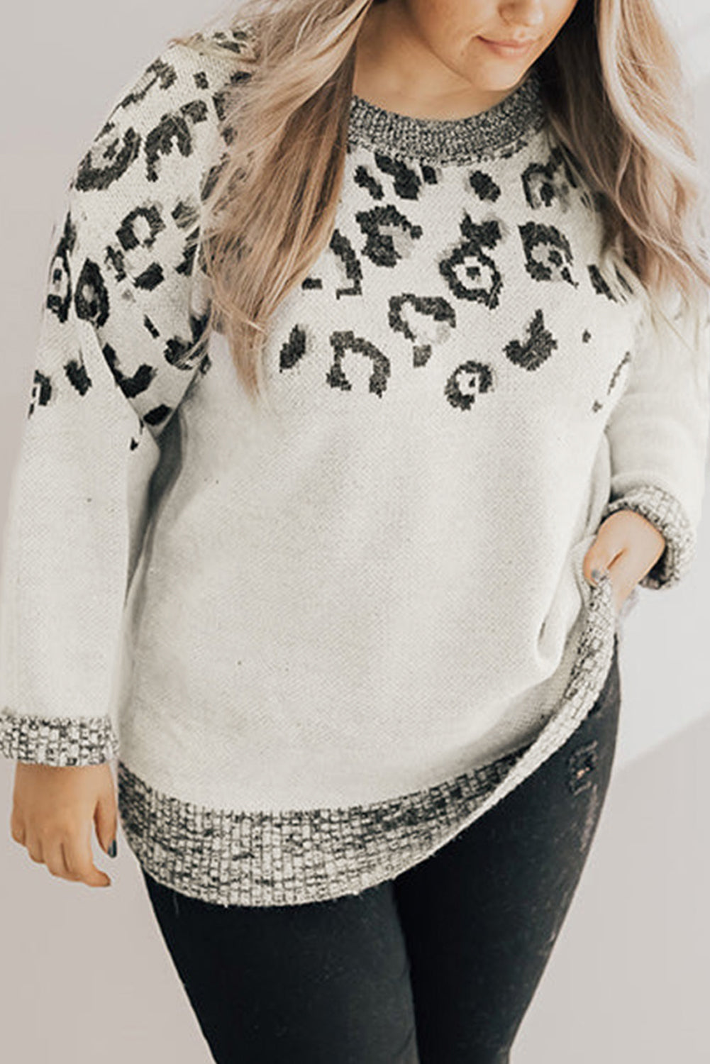 Leopard Knitted O-neck Plus Size Sweater