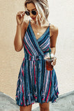 Adjustable Straps Wrap V-Neck Backless Tie Waist Pleated Hem Striped Dress