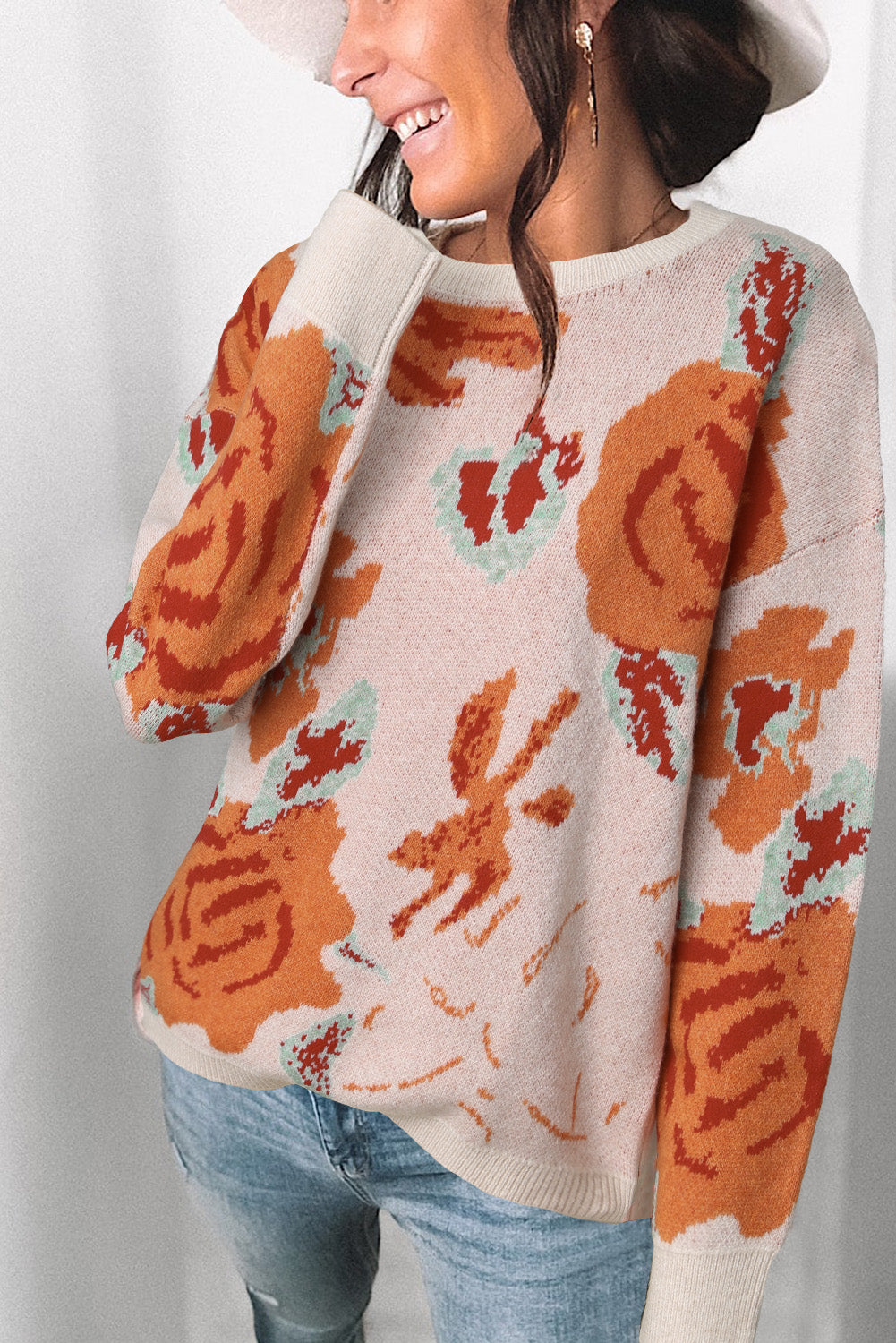 Floral Pattern Drop Shoulder Crew Neck Sweater