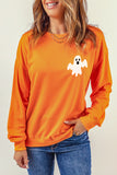 Orange Halloween Ghost Print Long Sleeve Pullover Sweatshirt