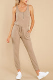 Khaki Sleeveless Buttons Pocket Tie Waist Jumpsuit