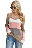 Burgundy Trim Colorblock Stripes Cold Shoulder Hollow-out Sweater