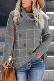 Khaki Button Wrap Turtleneck Pullover Plaid Print Knit Sweater