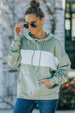 Green Contrast Wide Band Front Drawstring Hoodie