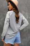 Gray Round Neck Raglan Sleeve Camo Striped Patchwork Top