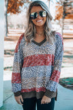 V Neck Drop-Shoulder Sleeve Leopard Color Block Top