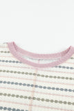 Waffle Knit Colorblock Buttoned Cuff Long Sleeve Blouse