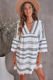 Khaki Vintage Print V Neck Lace Stitching Loose Dress