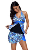 Abstract Sea Wave Print Tankini Culotte Swimsuit