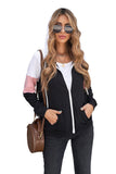 Khaki Color Block Zip Up Kangaroo Pocket Drawstring Hoodie