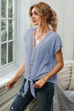 V Neck Lace Patchwork Tee with Knot