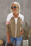 Khaki Color Block Zip Up Kangaroo Pocket Drawstring Hoodie