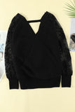 Sexy V Neck Surplice Hollow-out Sweater with Lace Sleeves