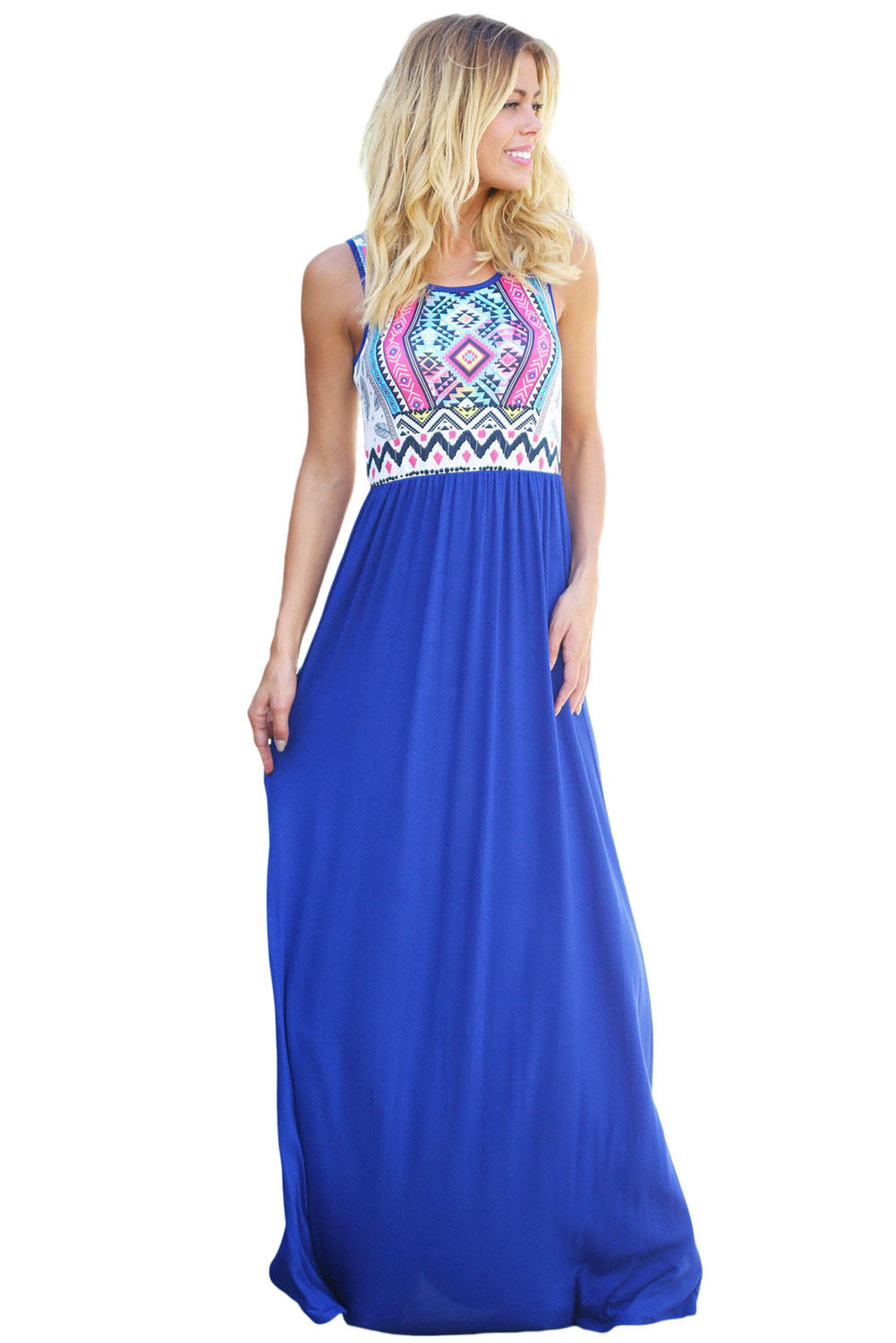 Stylish Aztec Print Sleeveless Royal Blue Maxi Dress