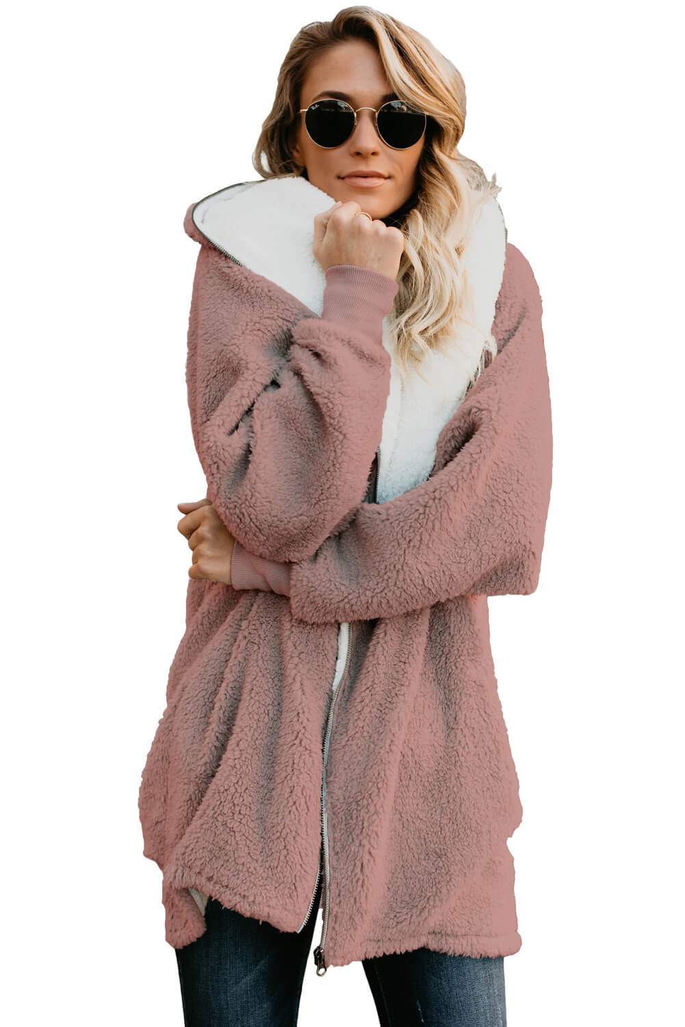 Dusty Pink Zip Down Hooded Fluffy Coat