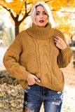 Khaki Solid Turtleneck Cable Knit Pullover Sweater