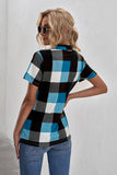 Zipped V Neck Plaid Short Sleeve Blouse