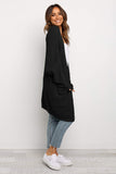 Beige Long Line Open Front Knitted Cardigan with Pockets