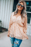 Orange Floral Print V Neck Ruched Babydoll Blouse