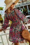 Rose Deep V Neck Cinched Waist Leopard Dress