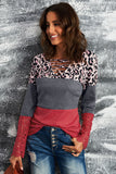Lace Splicing Hollow-out Leopard Color Block Top