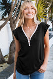V Neck Buttoned Lace Trim Short Sleeve Tee