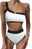 One Shoulder Patchwork High-waisted Bikini Set
