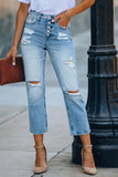 High Rise Button Front Distressed Denim Pants