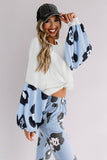 Leopard Splicing Waffle Knit Puff Sleeve Blouse