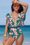 Sexy Deep V Neck Floral Print Ruffles One Piece Swimwear