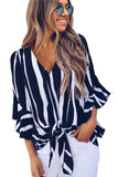 Vertical Stripes V Neck 3/4 Sleeve Blouse