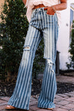 Sky Blue High Waist Distressed Striped Flare Jeans