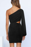 One Shoulder Bubble Shoulder Cut-out Bodycon Mini Dress