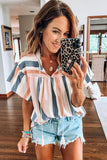 Multicolor Stripes Split Neck Pleated Ruffled Short Sleeves Top
