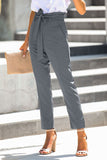 Gray Casual Paperbag Waist Straight Leg Pants with Belt