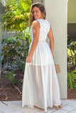 Lace Contrast V Neck Sleeve Maxi Dress with Slit