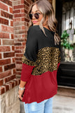Burgundy Colorblock Leopard Patchwork Long Sleeve Top