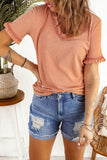 Pink Solid Textured Frill Short Sleeve V Neck T-shirt