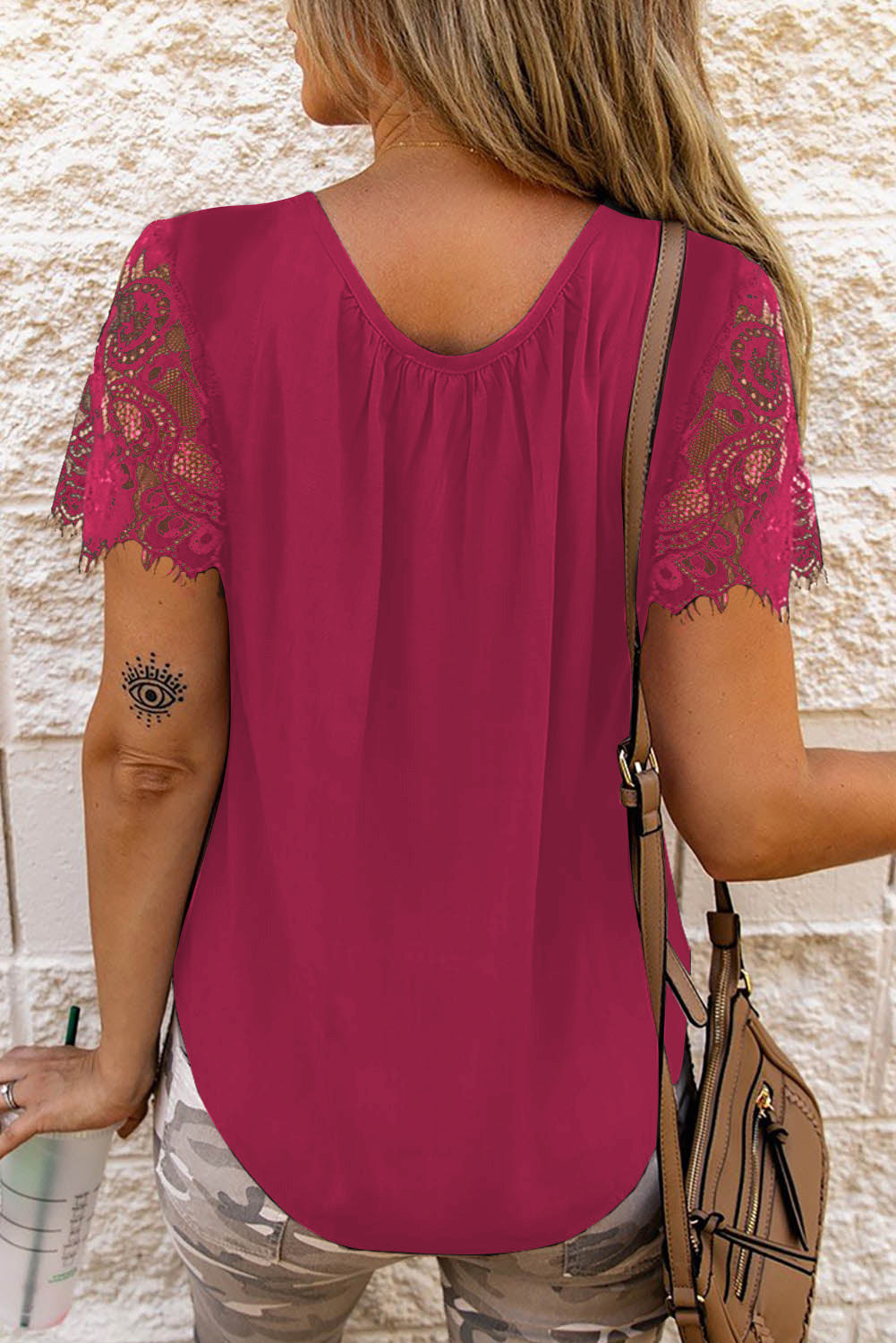 Cut Out Lace Patchwork Short Sleeve Top