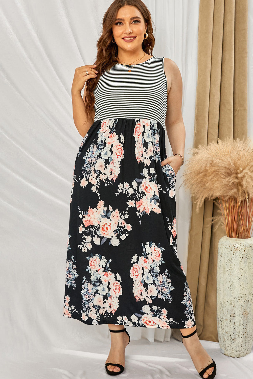 Plus Size Floral & Stripes Maxi Dress